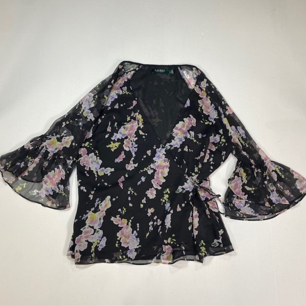Lauren Ralph Lauren Black Floral Chiffon Wrap Top Bell Sleeve V-Neck Large